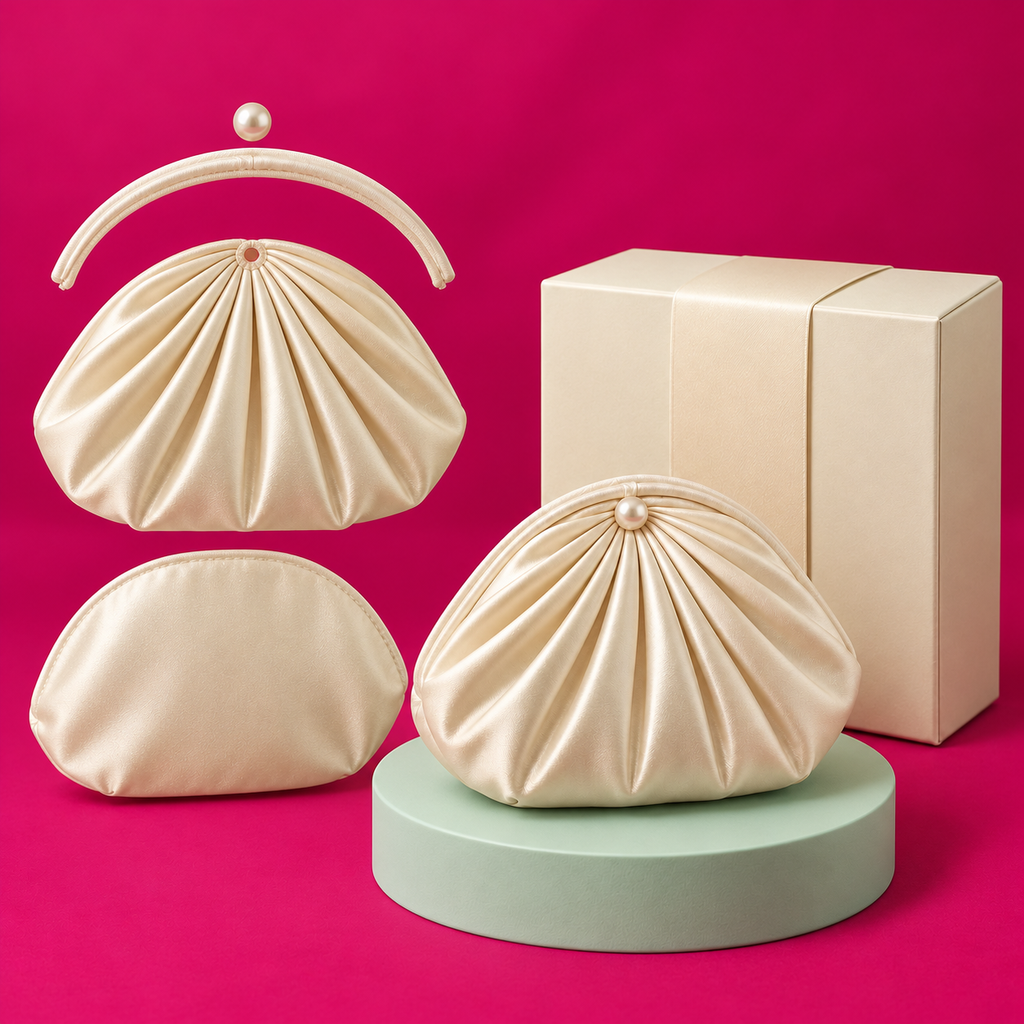 Cream Shell Pouch – Pleated Satin Mini Bag