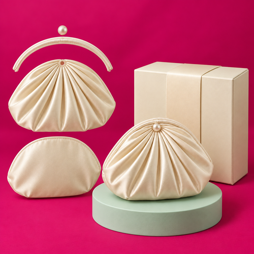 Cream Shell Pouch – Pleated Satin Mini Bag