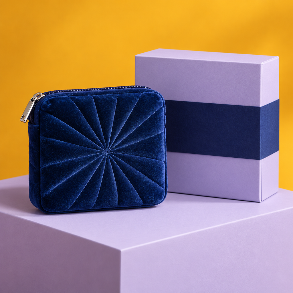 Indigo Starburst Pouch – Quilted Velvet Mini Bag