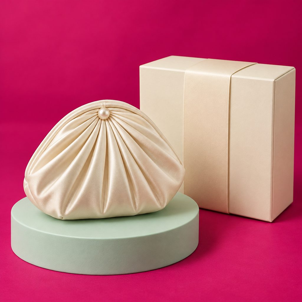 Cream Shell Pouch – Pleated Satin Mini Bag