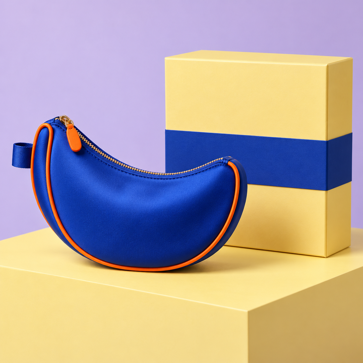 Cobalt Arc Pouch – Satin Crescent Mini Bag